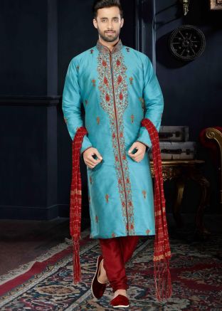 Readymade Blue Art Silk Embroidered Kurta Churidar Set