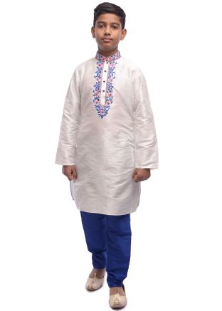 White Readymade Kids Embroidered Kurta Pajama 