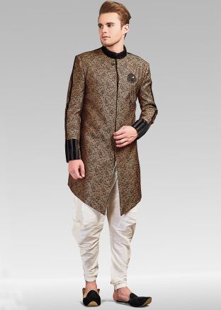Brown Asymmetric Brocade Indo Western Sherwani