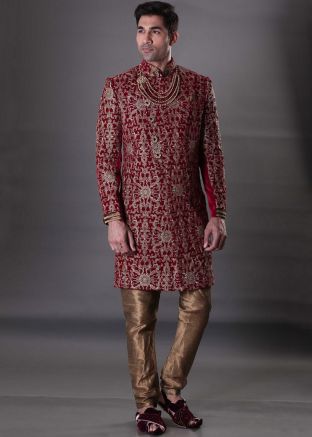 Maroon Indo Western Groom Sherwani With Churidar