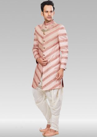 Pink Brocade Indo Western Sherwani With Dhoti 