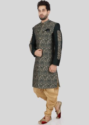 Green Woven Indo Western Sherwani With Dhoti