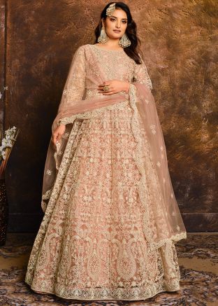 Peach Embroidered Net Anarkali Salwar Kameez