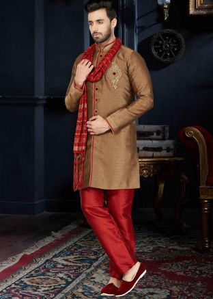 Readymade Brown Art Silk Sherwani