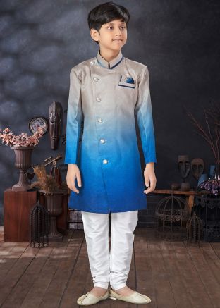 Blue Shaded Kids Sherwani In Art Silk