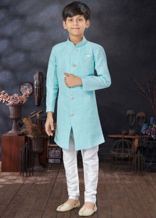 Blue Jacquard Kids Indo Western Sherwani Set