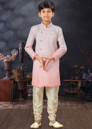 Pink Embroidered Art Silk Kids Sherwani Set