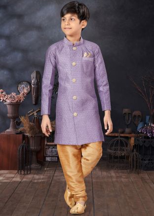 Purple Jacquard Kids Embroidered Sherwani 