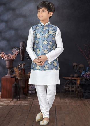White Plain Dupion Silk Nehru Jacket Kids Sherwani 