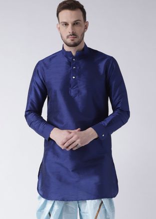 Blue Dupion Silk Readymade Kurta For Men