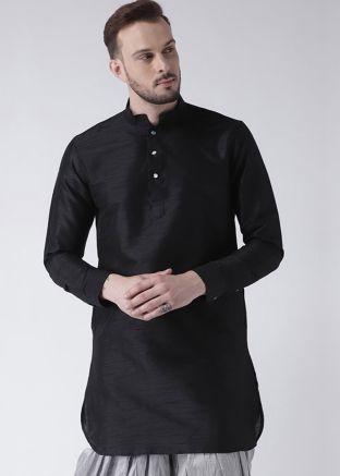 Black Readymade Kurta In Dupion Silk