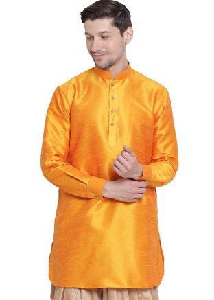 Yellow Dupion Silk Readymade Short Kurta