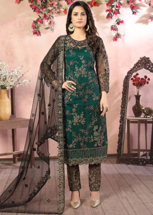 Green Embroidered Pant Salwar Suit With Dupatta
