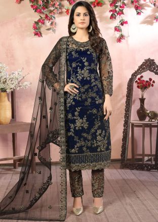 Navy Blue Embroidered Pant Salwar Suit With Dupatta