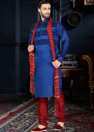 Readymade Blue Art Silk Kurta Churidar Set