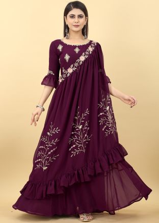 Readymade Wine Embroidered Cape Style Gown