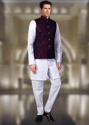 Readymade Blue Art Silk Jacquard Nehru Jacket