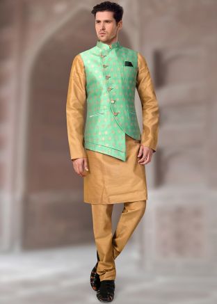 Green Brocade Readymade Asymmetric Nehru Jacket