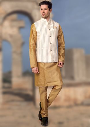 Cream Readymade Art Silk Printed Nehru Jacket
