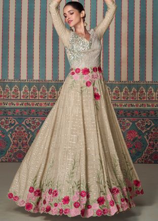 Beige Readymade Embroidered Gown In Chiffon