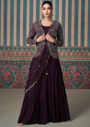 Readyamde Wine Embroidered Jacket Style Gown