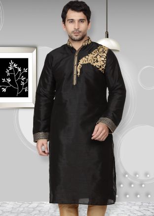 Black Dupion Silk Embroidered Straight Cut Kurta