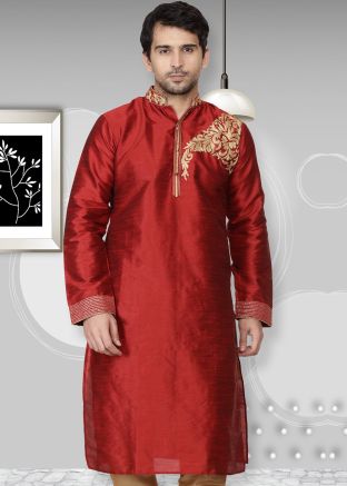 Red Embroidered Readymade Dupion Silk Kurta