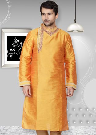 Readymade Yellow Dupion Silk Embroidered Kurta