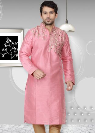 Pink Straight Cut Embroidered Readymade Kurta