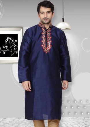Navy Blue Embroidered Straight Cut Kurta
