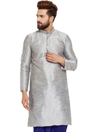 Grey Straight Cut Readymade Dupion Silk Kurta