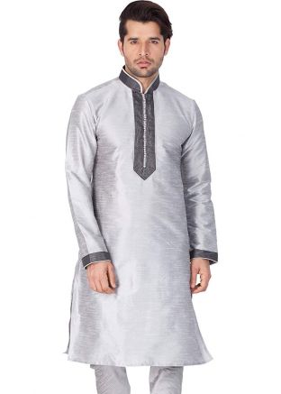 Grey Readymade Dupion Silk Straight Cut Kurta