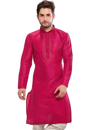 Pink Embroidered Dupion Silk Readymade Kurta