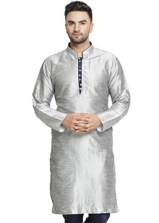 Grey Dupion Silk Readymade Straight Cut Kurta