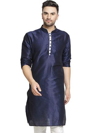 Navy Blue Readymade Dupion Silk Kurta
