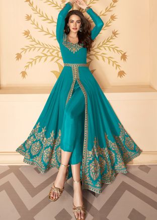 Blue Embroidered Front Slit Style Pant Salwar Suit
