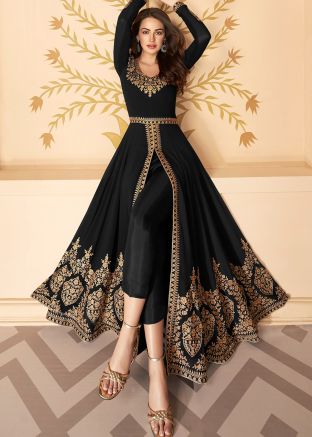 Black Georgette Embroidered Slit Style Pant Suit