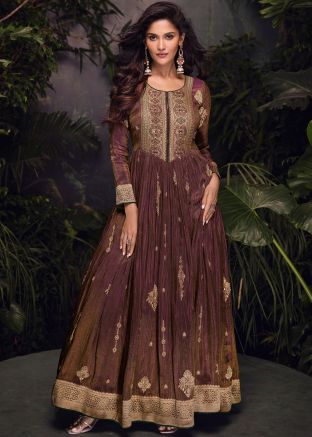 Dual Tone Maroon Readymade Zari Woven Gown