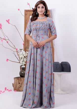 Grey Printed Gown In Muslin
