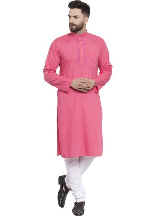 Pink Straight Cut Cotton Kurta With Churidar