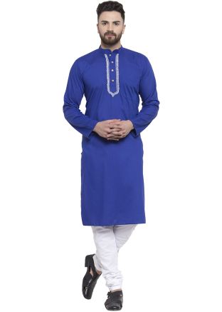 Blue Embroidered Cotton Kurta With Churidar