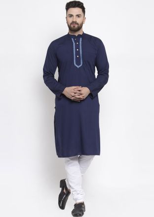 Navy Blue Straight Cut Cotton Kurta With Churidar
