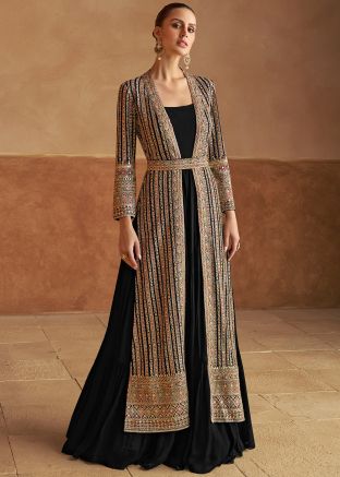 Readymade Black Embroidered Georgette Jacketed Gown