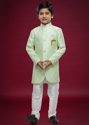 Readymade Woven Kids Jacquard Indowestern Sherwani In Pastel Green