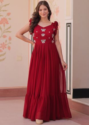 Red Embroidered Georgette Gown