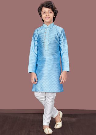 Sky Blue Readymade Embroidered Kids Kurta Pajama In Jacquard