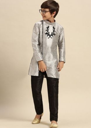 Grey Kids Readymade Embroidered Kurta With Pajama