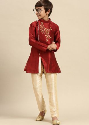 Maroon Readymade Kids Embroidered Kurta Pajama