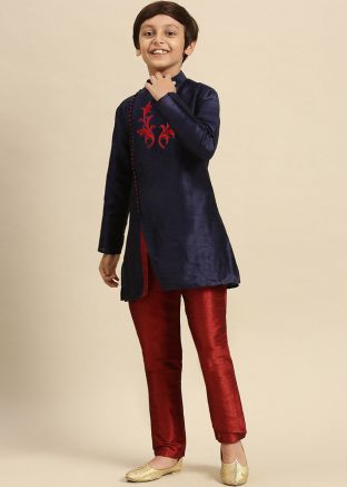 Navy Blue Readymade Kids Embroidered Kurta Pajama