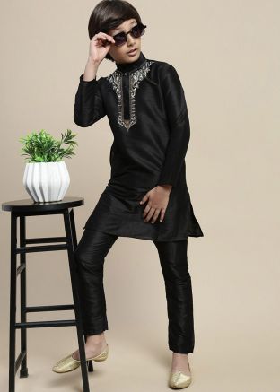 Kids Readymade Black Embroidered Kurta Pajama